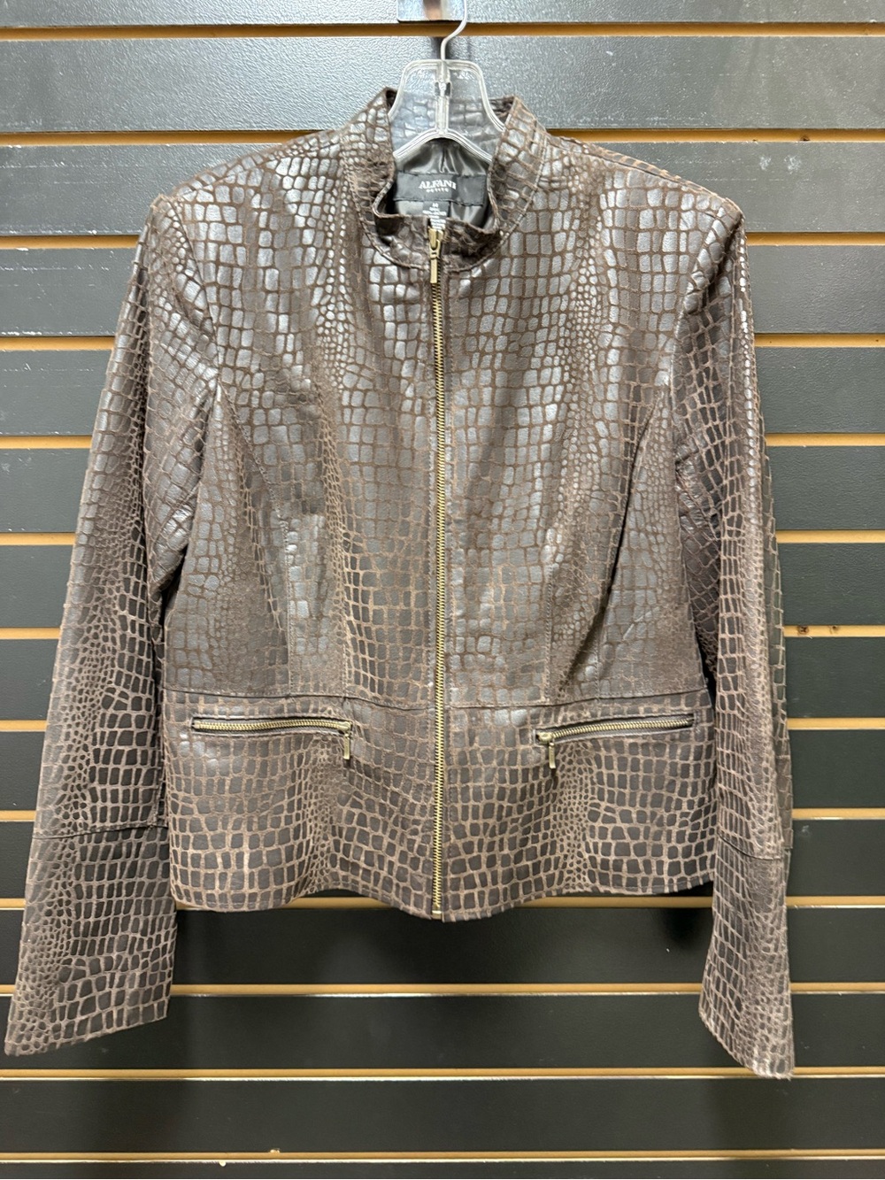 Alfani Petite Brown Croc Embossed Faux Leather Moto Jacket Size M